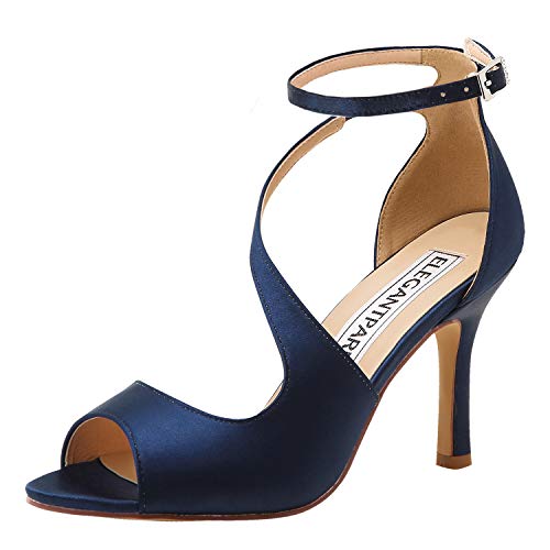 ElegantPark HP1565 Zapatos para Novia Mujer Peep Toe Sandalias de Boda Tacón Correa De Tobillo Satén Zapatos de Fiesta Novia BLU Navy EU 38