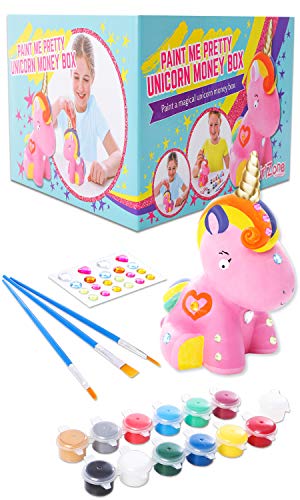 GirlZone Regalos para Niñas - Hucha Unicornio para Pintar - Kit Pintura para Niñas y Accesorios Infantiles -Pinceles, Colores y Gemas - Regalo Original Cumpleaños y Fiestas