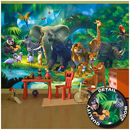 GREAT ART Mural De Pared Cuarto De Los Niños – Animales De La Selva – Zoo Naturaleza Safari Aventura Tigre León Elefante Mono Loro Papel Pintado Y Tapiz Y Decoración 336 x 238 cm
