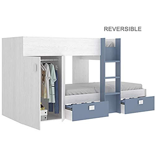 HABITMOBEL Cama Litera Juvenil con 2 cajones y 1 Armario Acabado Artic y Azul Suave (Reversible) HABITMOBEL Cama Litera Juvenil con 2 cajones y 1 Armario Acabado Artic y Azul Suave (Reversible)