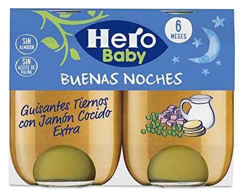 Hero Baby Buenas Noches Guisantes Tiernos con Jamón Cocido Tarrito de Puré para bebés a partir de 6 meses Pack de 6 u de 2 x 190 g