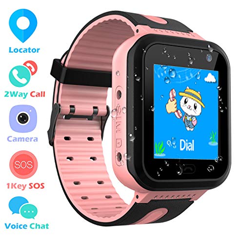 Impermeable GPS Smartwatch para Niños, Reloj Inteligente Phone con GPS LBS Tracker SOS Chat de Voz Cámara Despertador Podómetro Juego Cálculo para Regalos Estudiantes Compatible con iOS Android, Rosa