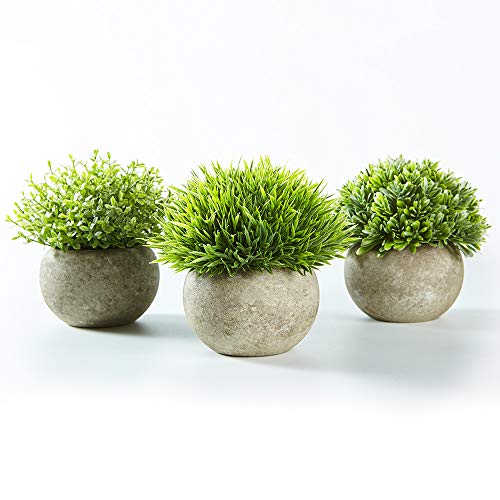 Jobary Set de 3 Plantas Artificiales con Césped Verde en Macetas Grises, Plantas Pequeñas Sintéticas de Plástico Decorativas, Ideales para la Decoración de la Casa, Cocinas, Oficinas y Exteriores