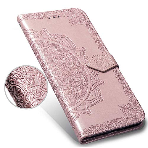 LAGUI Funda Adecuado para Samsung Galaxy A7 2018, Relieve Dibujo Carcasa de Tipo Libro con Ranuras para Tarjetas de Soporte Horizontal y Solapa con Cierre magnético, Oro Rosa