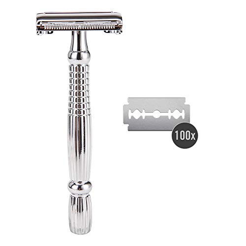 Marca Amazon - Solimo Maquinilla de doble filo clásica con 100 cuchillas Marca Amazon - Solimo Maquinilla de doble filo clásica con 100 cuchillas