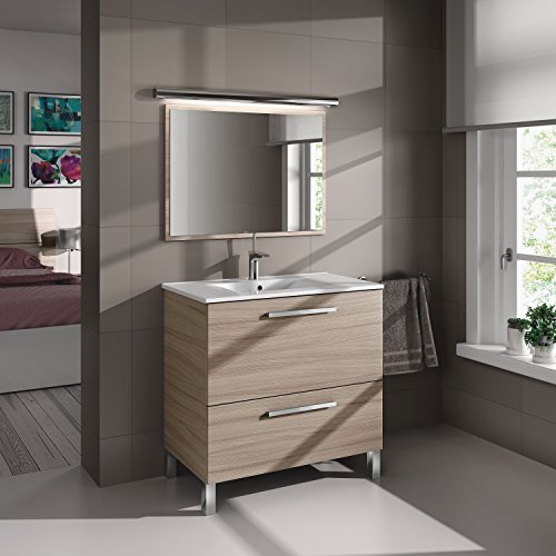 Mueble lavabo de baño aseo con lavamanos cerámico y espejo incluido, puerta abatible y cajón con interior textil 80x80x45cm
