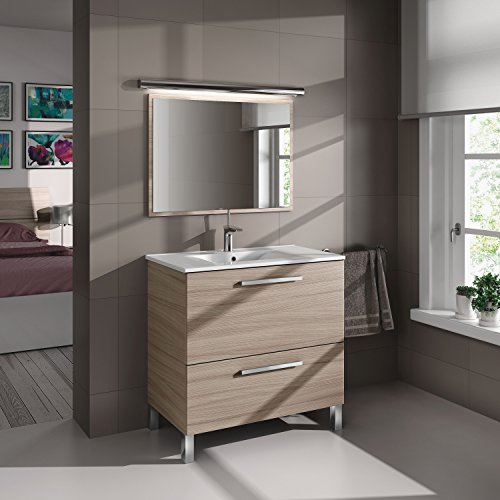 Mueble lavabo de baño aseo con lavamanos cerámico y espejo incluido, puerta abatible y cajón con interior textil 80x80x45cm Mueble lavabo de baño aseo con lavamanos cerámico y espejo incluido, puerta abatible y cajón con interior textil 80x80x45cm