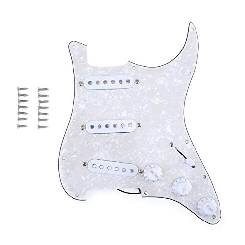 Musiclily 11 Orificios SSS Loaded Pickguard Pre-cargado Golpeador con Single Coil Pastillas Set para Guitarra Eléctrica Fender Squier Strat,4 capas Aged White Pearl