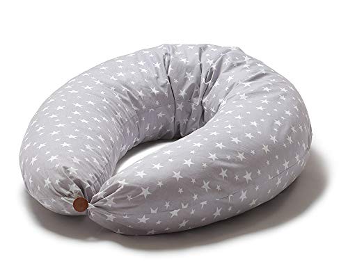 Niimo Cojin Lactancia Bebe y Almohada Embarazada Dormir XXL Multifuncion Funda Cojin 100% Algodon Desenfundable y Lavable Relleno de Poliester Multiusos Maternidad (Gris-Estrella Blanca)