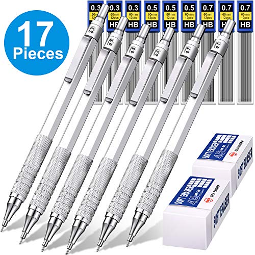 6 Piezas Lápices Mecánicos Metálicos 0,3 mm, 0,5 mm y 0,7 mm Portaminas Mecánicos de Escritura, 9 Tubos Mina de lápiz HB y 2 Piezas Borradores para Escritura, Dibujar, Bosquejo (Plata)