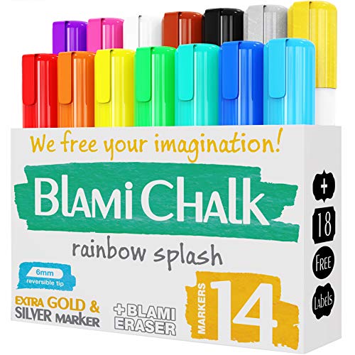 Blami Arts - Rotuladore de Tiza Líquida Pack de 14 - Borrador y 18 Etiquetas Reutilizables - Marcadores Efecto Tiza Borrables No Tóxicos de Colores con Doble Punta Para Pizarra Negra Cristal y Espejo Blami Arts - Rotuladore de Tiza Líquida Pack de 14 - Borrador y 18 Etiquetas Reutilizables - Marcadores Efecto Tiza Borrables No Tóxicos de Colores con Doble Punta Para Pizarra Negra Cristal y Espejo