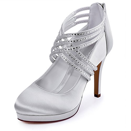 ElegantPark EP11085-PF Zapatos Novia Boda Plataforma Rhinestones Cerrado Zipper Raso Zapatos Fiesta Boda Mujer Plata Talla EU 40