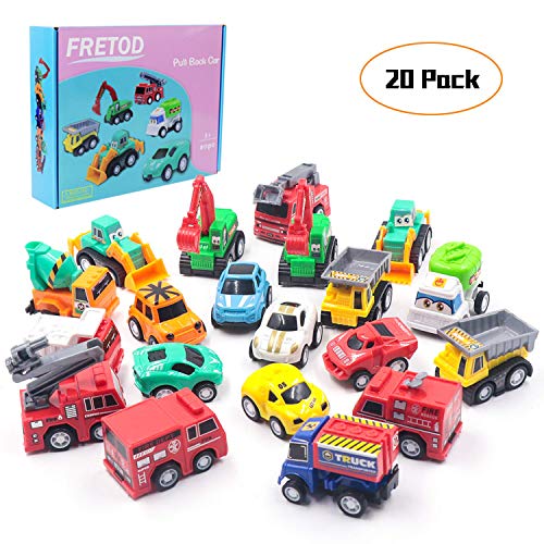 FRETOD Coches por Fricción 20 Pcs Surtidos con 10 Camión de Construcción, 4 Camión de Bomberos y 6 Coche de Carreras Mini Coches de Juguetes Vehiculos