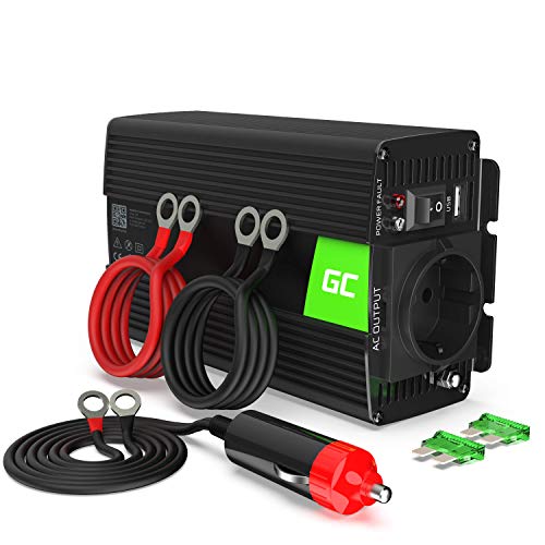 Green Cell® 300W/600W Onda sinusoidal Pura Inversor de Corriente Power Inverter DC 12V AC 220V, Transformador de Voltaje para Coche con Puerto USB y Pinzas de conexión a batería