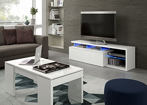 Habitdesign 026630BO - Modulo de TV Moderno, Mueble Salon, Color Blanco Brillo y Luces LED, Medidas: 150x41x43 cm de Altura