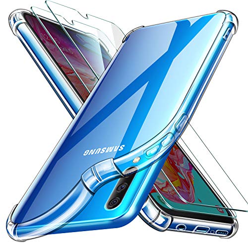 Leathlux Funda Samsung Galaxy A70 + [2 Pack] Cristal Templado Protector de Pantalla, Ultra Fina Silicona Transparente TPU Carcasa Protector Airbag Anti-Choque Anti-arañazos Case Cover para Samsung A70