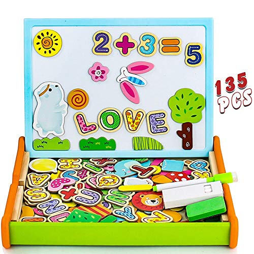 Pizarra Magnetica Infantil 135 Piezas Puzzle Rompecabezas Magnetico Madera Tablero de Dibujo de Doble Cara Juguetes Educativos para Niños 3 4 5 Años (Número y Letra)