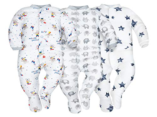 Sibinulo Niño Niña Pijama Bebé Pelele de Algodón Pack de 3 Estrellas, Elefantes Grises y Ratones 74(6-9 Meses)