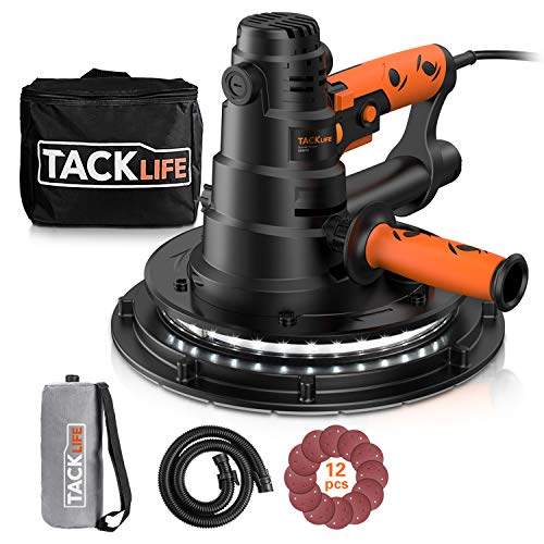 TACKLIFE Lijadora de Pared 800W con Sistema de Autolimpieza y Luz LED, Velocidades Variables 560-2050RPM con 12 Lijas Manguera de Polvo de 2M, Lijadora Techo 225mm con Cable de Alimentación de 4,5M