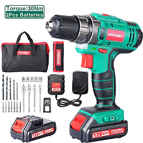 Taladro Atornillador 12V con 2 Baterías, HYCHIKA Destornillador Eléctrico, 30N.m Par Máx, 1.5 Ah Batería, 1 Hora de Carga Rápida, 6PCS Puntas y HSS Brocas, 5PCS Llaves de vaso, 4PCS Brocas de Madera Taladro Atornillador 12V con 2 Baterías, HYCHIKA Destornillador Eléctrico, 30N.m Par Máx, 1.5 Ah Batería, 1 Hora de Carga Rápida, 6PCS Puntas y HSS Brocas, 5PCS Llaves de vaso, 4PCS Brocas de Madera
