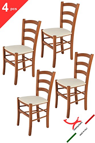 Tommychairs sillas de Design - Set 4 sillas Modelo Venice para Cocina, Comedor, Bar y Restaurante, con Estructura en Madera Color Cerezo y Asiento tapizado en Tejido Color Marfil