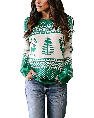 YOINS - Jersey de punto para mujer, parte superior de punto, diseño navideño de renos, de invierno, de manga larga, cuello redondo 1 verde M YOINS - Jersey de punto para mujer, parte superior de punto, diseño navideño de renos, de invierno, de manga larga, cuello redondo 1 verde M
