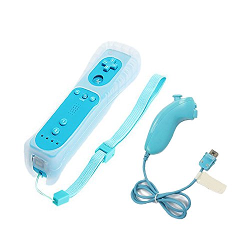 BIGFOX 2 en 1 Mando Plus con Motion Plus y Nunchunk para Nintendo Wii / Wii U (Opcional a Seis Colores) y Funda de Silicona - Azul Claro