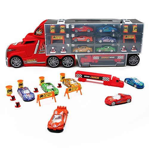 Camión Transportador Coches Juguete para Niños Maletín Portacoches Conjunto Playset Incluye Total de 17 Accesorios Regalo para Niños y Niñas 3 4 5 Años Navidad