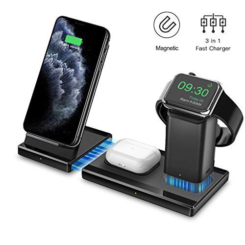 Hoidokly 3 en 1 Cargador Inalámbrico Rápido, Qi Inalámbrica Carga Rápida 10W para Apple iWatch 5/4/3/2, AirPods Pro, Soporte de Carga Inalámbrico para iPhone se/11/11 Pro MAX/XS MAX/XR/X/8 Plus