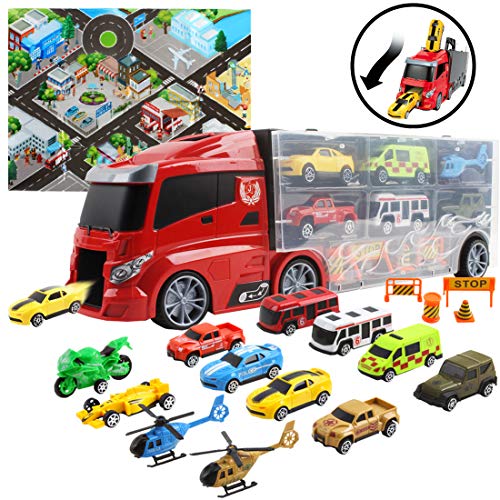 deAO Camión Transportador Maletín Portacoches Conjunto Playset Incluye Surtido Total de 10 Vehiculos y Accesorios