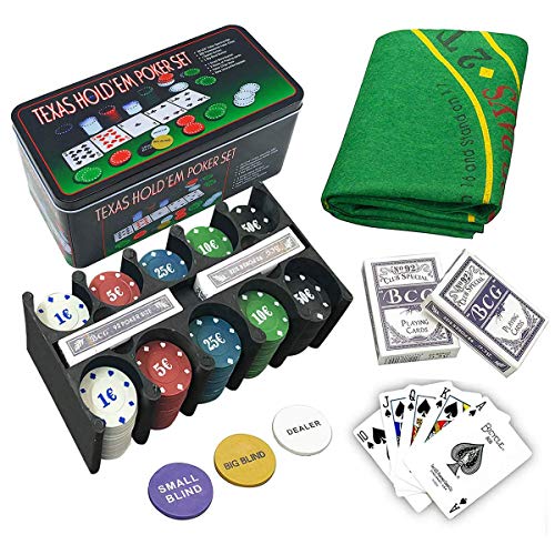 LEYENDAS CROWN Set de póker Caja de Metal, 200 fichas de póker, 2 Cubiertas, botón de repartidor, ciega pequeña, Gran ciega, tapete de Juego (B)