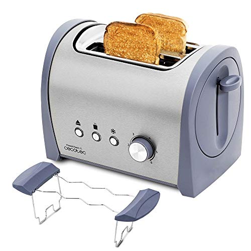 Cecotec Tostadora Acero Steel&Toast 2S. 6 Niveles de Potencia, Capacidad para 2 Tostadas, 3 Funciones(Tostar, Recalentar, Descongelar), Incluye Soporte Panecillos, Bandeja Recogemigas, 800 W