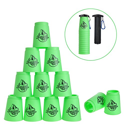 DEWEL 12 Vasos de Stacking de Plástico con 1 Bolsa y 1 Polo Portátil para Guardar Desarrolla la Habilidad y la Destreza Color de Verde