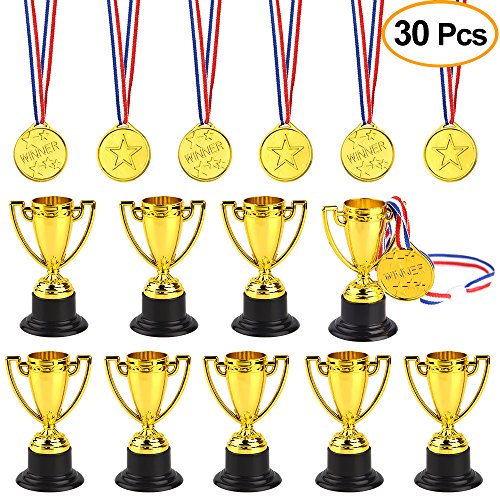 FEPITO 30 Piezas de trofeos de medallas Set 10 Piezas de Trofeo de plástico de Oro y 20 Piezas de medallas ganadoras para Kid Party Sports Awards