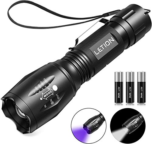 LETION Linterna Ultravioleta Led Linterna UV,Luz Negra UV 2 en 1 con 395nm luz UV, Modo 4 & IPX a Prueba de Agua 4 para Ropa de Mascotas Detección de Hongos