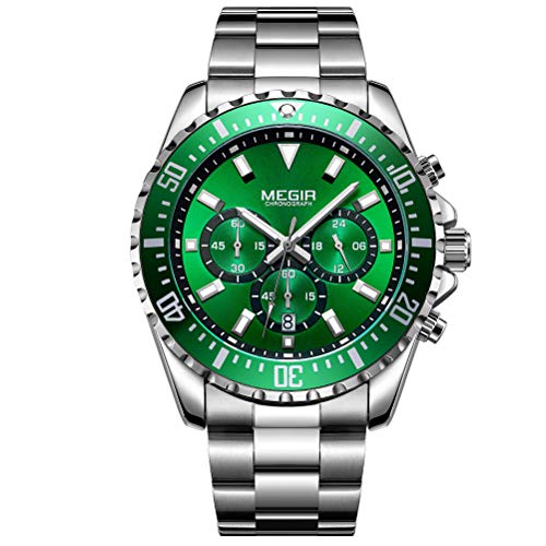 Megir Relojes Hombre Deportivos Grande Luminoso, Reloj cronógrafo de Cuarzo analogico con Correa en Acero Inoxidable Plata Esfera Verde para Hombre, Impermeable