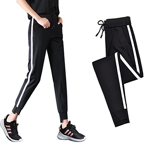 Pantalones Deportivos Pantalones Deportivos Femeninos Delgados Estudiantes de Verano Sueltan la versión Coreana de los Salvajes 9 Puntos Pantalones de Seda de Hielo Mujer (Color : Black, Size : L)