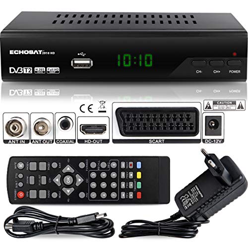 Echosat 2910 S - Receptor Digital DVB-T/T2 (Full HD, 1920 x 1080, HDMI, MPEG-4, AVC, MPEG-2 MP, 1080i, 1080P Standart, euroconector, fácil instalación, HEVC, H.264, H.265, TNT)