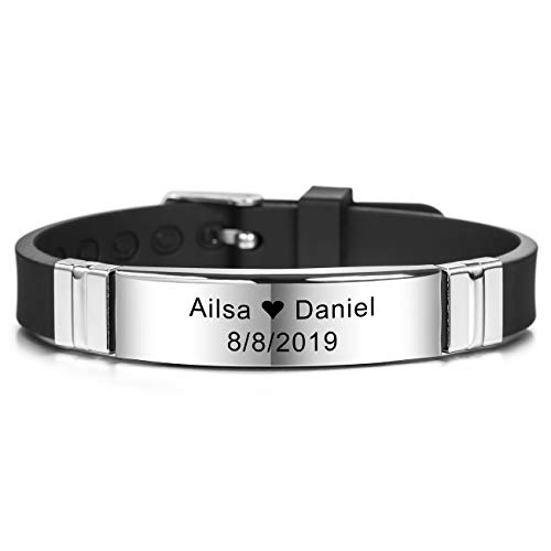 MeMeDIY Nombres De Grabado Personalizados Pulsera De Identificación De Muñeca Deportiva Personalizada para Hombres Mujeres Niños Caucho De Acero Inoxidable Ajustable - (13mm Amplia, Blanco Color)