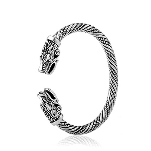 Pulsera de plata envejecida con diseño de cabeza de lobo vikingo, estilo vintage.