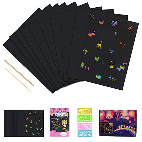 Scratch Art,JBSON 50 Hojas Dibujo Scratch Láminas para Rascar Creativas Papel para Dibujar con Niños, Manualidades, Escribir Listas, Incluye 4 Plantillas de Plantillas de Dibujo y 5 lápices de Madera