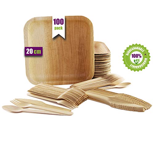 Vajilla desechable de 100 Piezas, 25 Platos de Hoja de Palma Cuadrados de 20 cm, Juego de Cubiertos de Madera Abedul de 25 cucharas, 25 Tenedores y 25 Cuchillos, Rustica, elegante y biodegradable