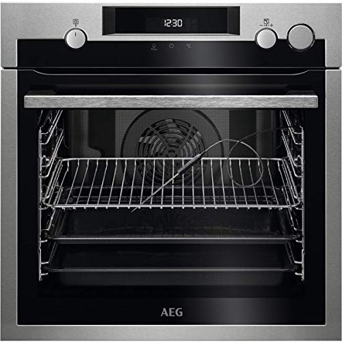 AEG BSE577121M Horno Multifunción con Limpieza Pirolítico, 9 funciones + Vapor, Cocción Uniforme, Sonda Térmica, Ventilador XXL, Pantalla LCD Táctil, Antihuellas, Bandeja XXL, Inox, A+, 72 Litros