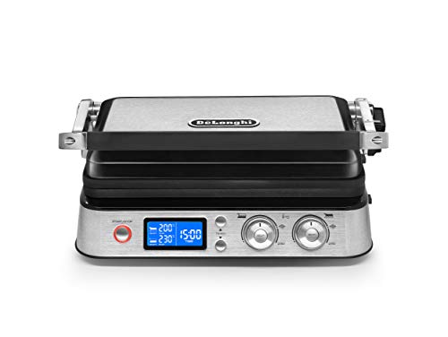 De'Longhi Multigrill CGH 1012D Plancha Eléctrica Multiposición con Selección de Temperatura Independiente en Cada Placa, Pantalla LED, Placas Extraíbles Aptas para Lavavajillas, 2000 W, Gris Plata