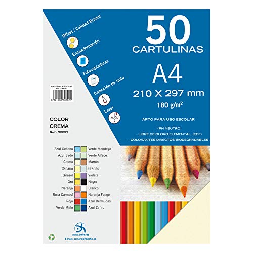 Dohe 30092 - Pack de 50 cartulinas, A4, color crema