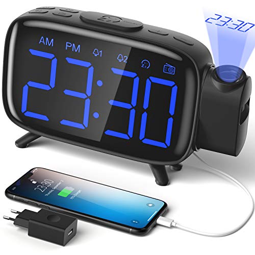 ELEHOT Despertador Digital Proyector Radio Despertador Reloj de Proyección Pantalla LCD Azul y Volumen Ajustable 7 Tonos Función de Radio Alimentación USB(Azul)