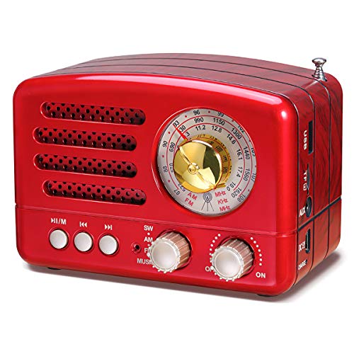 PRUNUS J-160 Radio de Transistor portátil pequeña, Altavoz Bluetooth portatil Radio Retro con batería Recargable de 1800mAh, USB Incorporado, Micro-SD, Entrada AUX (Rojo)