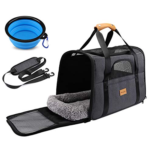 Transportín Perro Transportín Gato, Bolsa Transporte Transpirable Para Mascota, Bolsa Perro Transporte con Correa de Hombro Ajustable, Transportín Perro Gato con Cojín Extraíble + Tazón Plegable