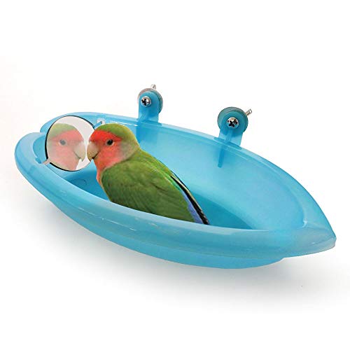 Amasawa Bañera de Plástico para Pájaros con Espejo, para Loros de Mascotas Bañera de Baño Caja de Baño Accesorios de Bañera para Ducha de Pájaros (Azul)