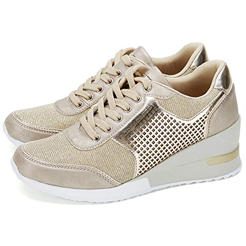 Zapatillas Deportivas Plataforma Cuña para Mujer - ANJOUFEMME Zapatos Wedge Sneakers Mujer, Apto para Todas Las Estaciones SM1-GOLD-41 Zapatillas Deportivas Plataforma Cuña para Mujer - ANJOUFEMME Zapatos Wedge Sneakers Mujer, Apto para Todas Las Estaciones SM1-GOLD-41